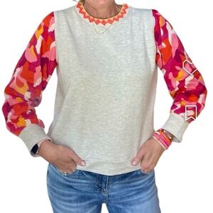 NWT THML Gray sweatshirt Blouse with Pink and Orange Sleeves